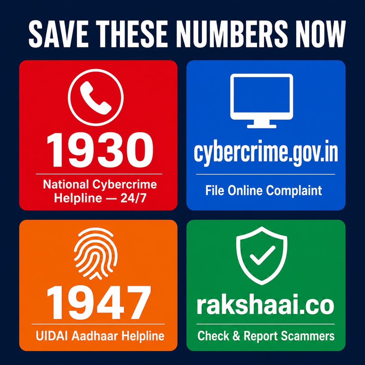 Save these numbers now — 1930 cybercrime helpline, 1947 UIDAI helpline, cybercrime.gov.in, rakshaai.co
