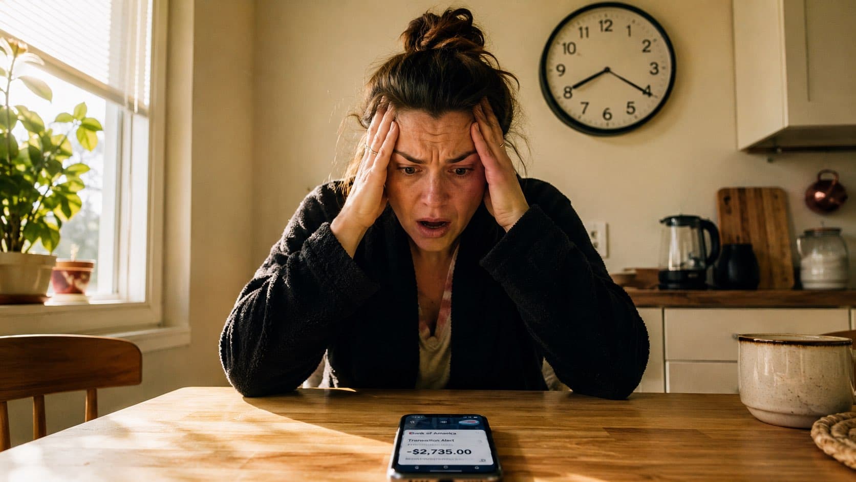 Woman shocked looking at phone showing a fraudulent bank transaction — online scam India
