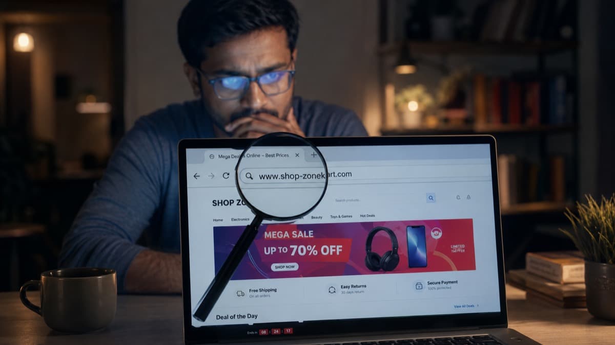 Man examining a suspicious fake website URL through a magnifying glass on his laptop at night