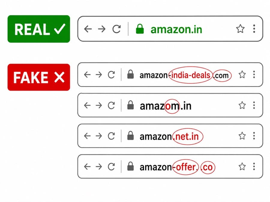 Side-by-side comparison of real Amazon.in URL versus 4 fake variations including amazon-india-deals.com and amazom.in
