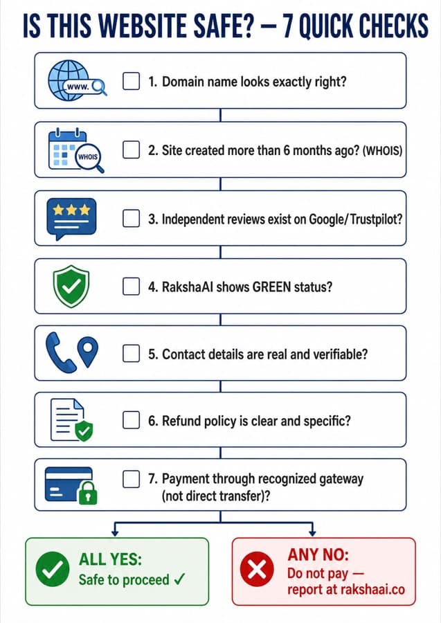 Is this website safe? 7 quick checks infographic: domain name, WHOIS age, reviews, RakshaAI, contact details, refund policy, payment method