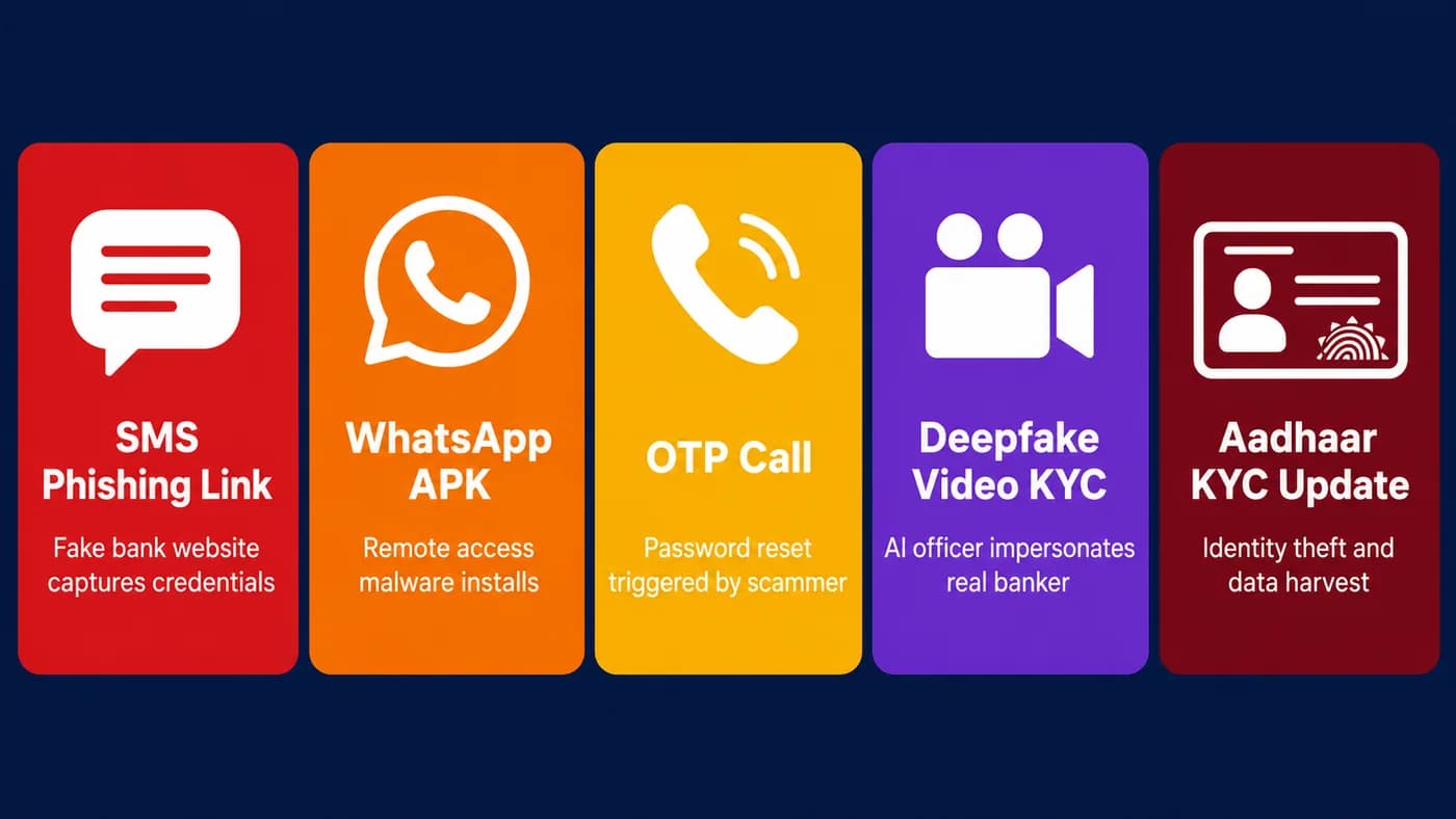 5 types of KYC fraud India 2026 - SMS phishing, WhatsApp APK, OTP call, deepfake video KYC, Aadhaar update scam