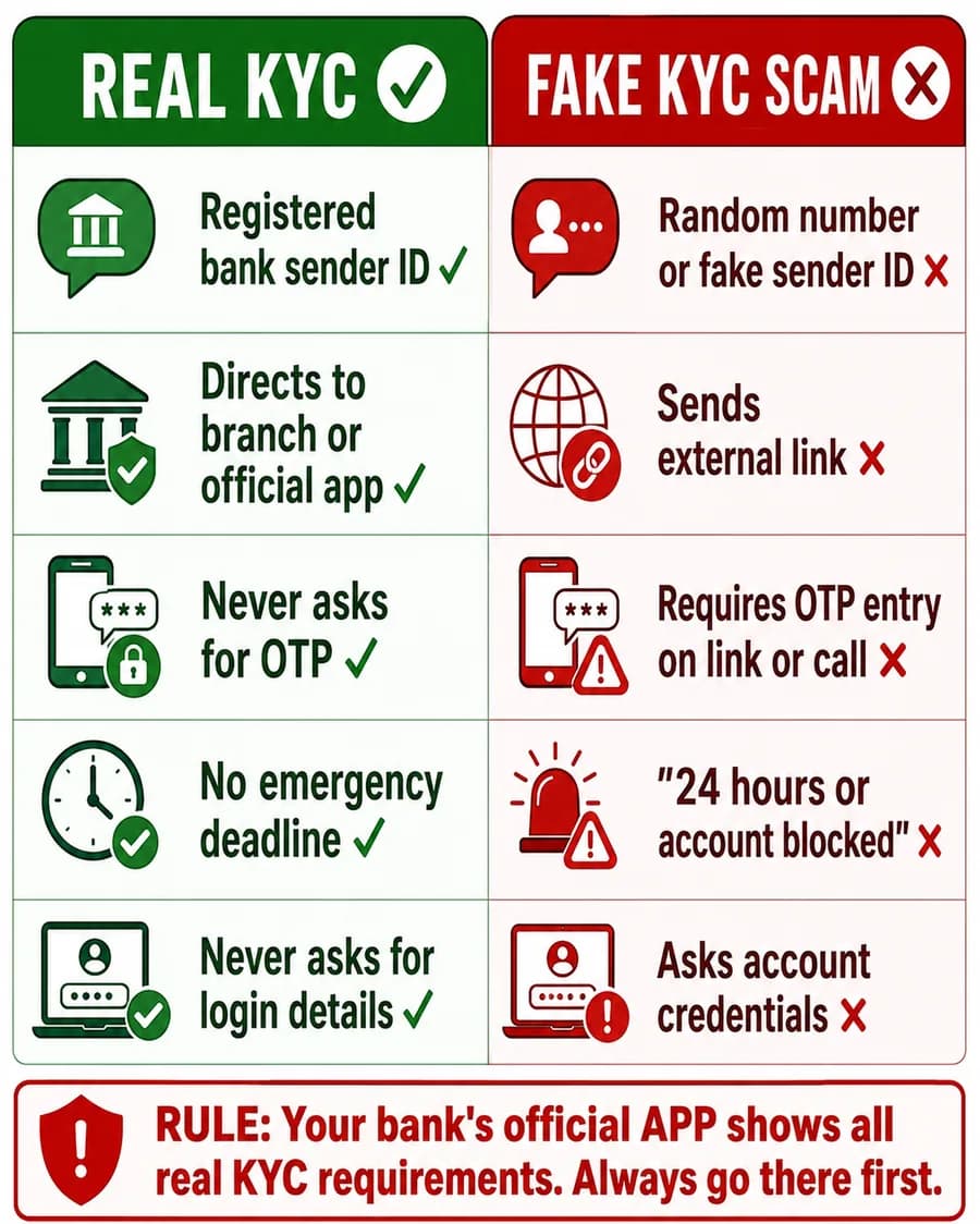 Real vs fake KYC SMS India bank comparison table - how to identify the difference