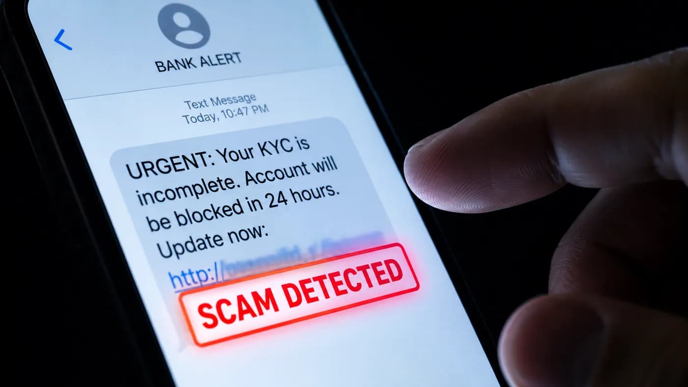 KYC update scam India 2026 - fake bank SMS with SCAM DETECTED overlay on smartphone