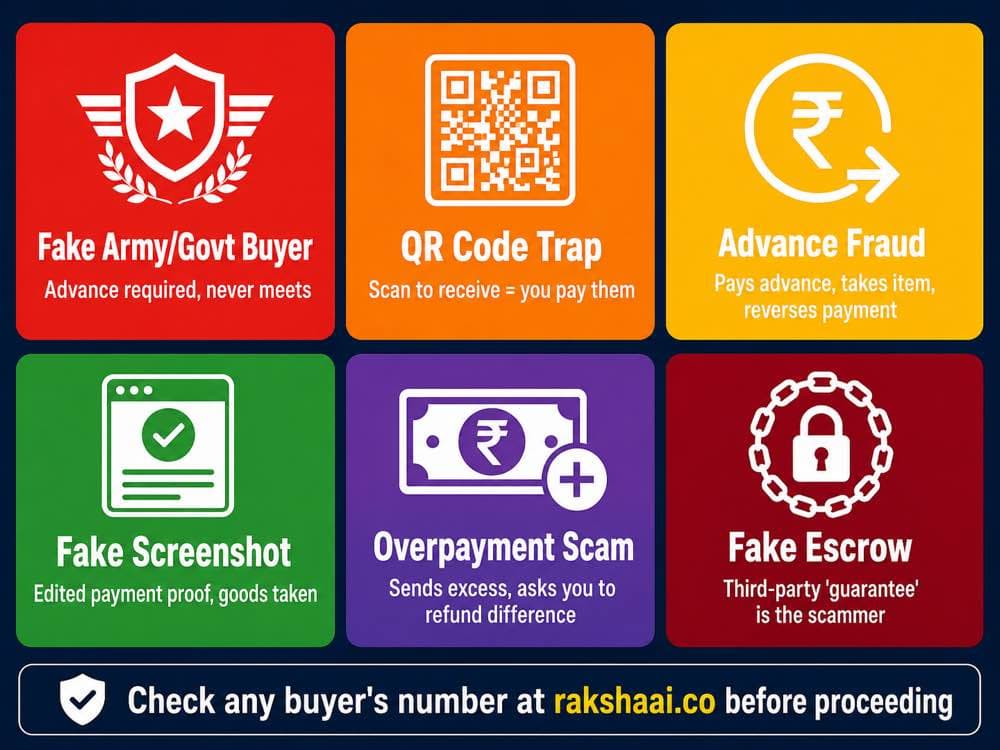 6 OLX scam tricks India 2026 — fake Army buyer QR code advance payment fraud