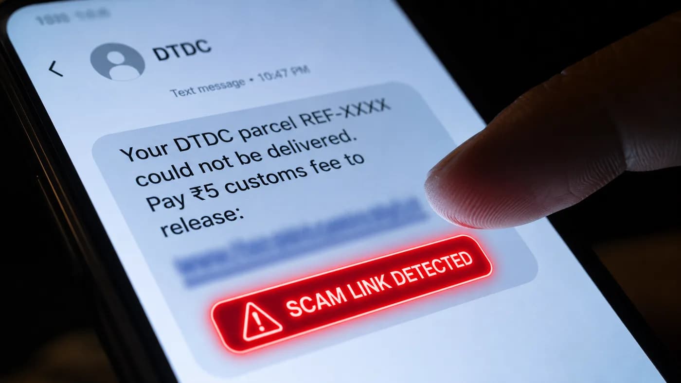 Fake parcel delivery SMS scam India 2026 - phishing trap courier fraud with SCAM LINK DETECTED overlay on smartphone