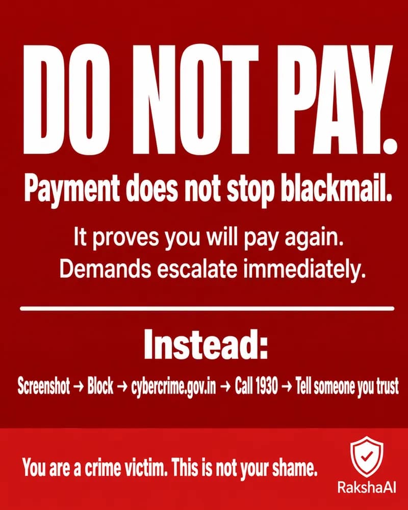 Do not pay sextortion scammer India - emergency action card what to do instead