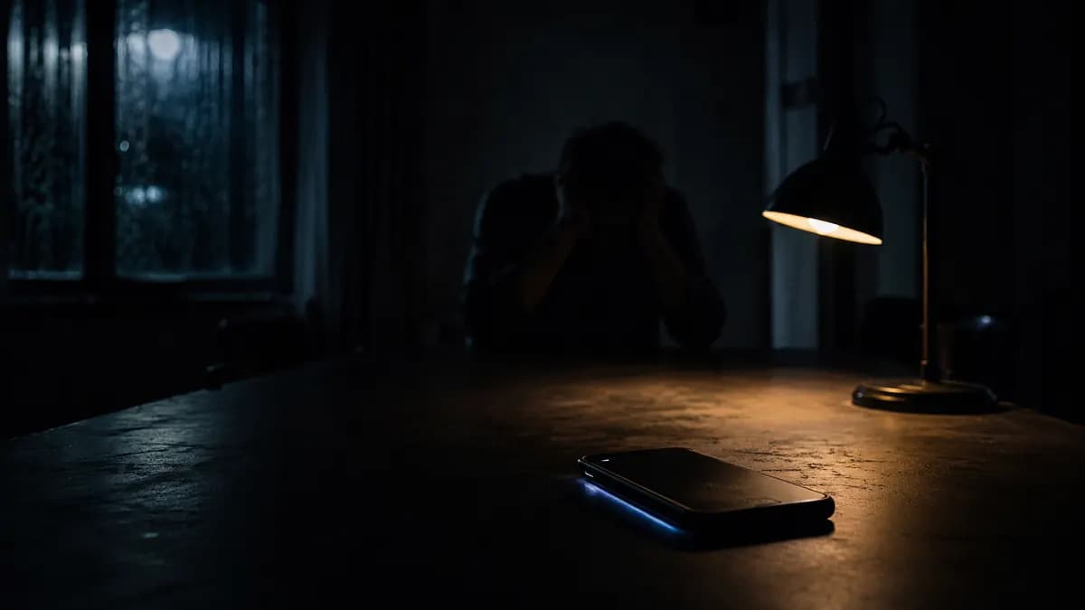 Sextortion scam India 2026 - WhatsApp video call blackmail cyber crime, phone glowing on dark table with distressed person silhouette