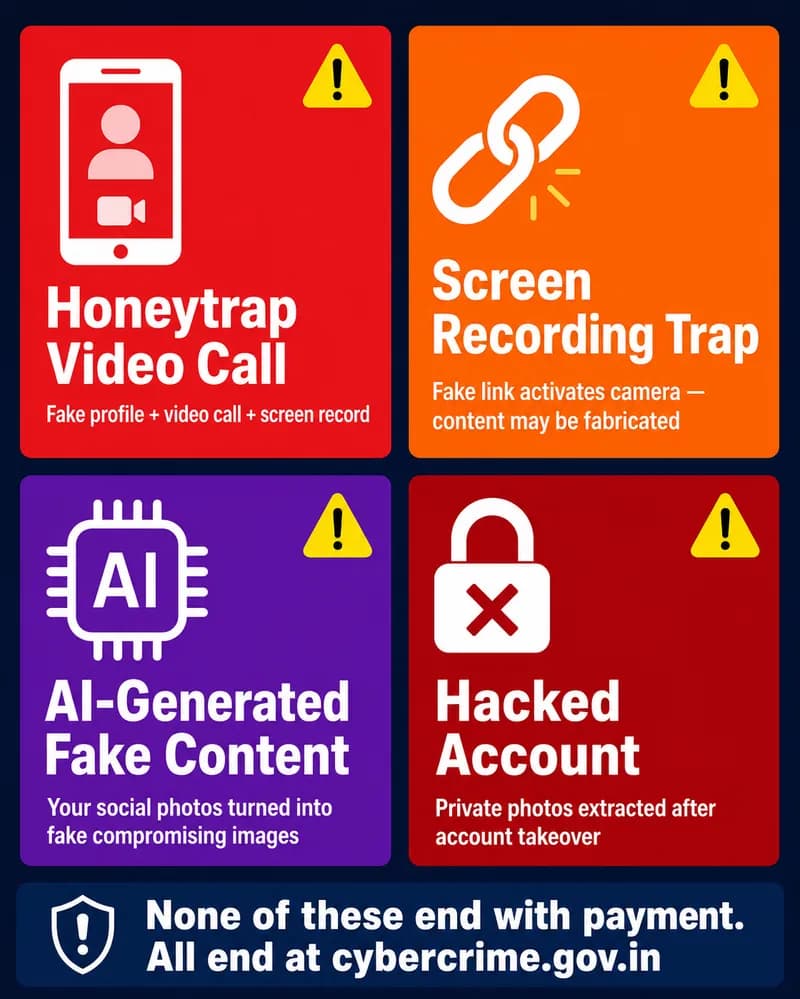 4 types of sextortion scam India 2026 - WhatsApp Instagram AI deepfake hacked account