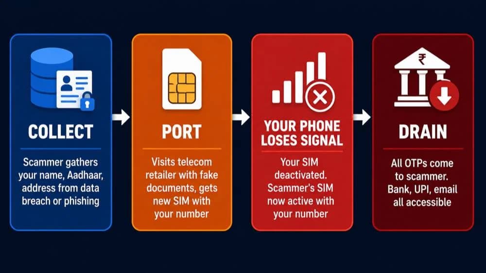 SIM swap fraud flow showing data collection, SIM port, phone signal loss, and bank account drain