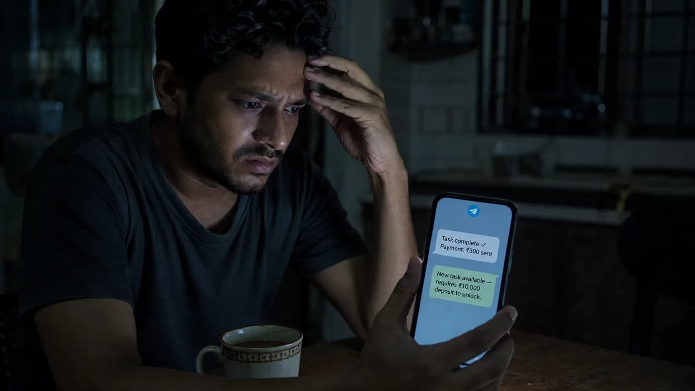Man stressed at night looking at Telegram messages demanding a deposit to unlock the next task