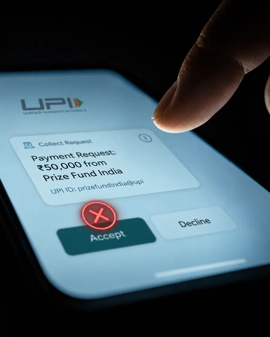 Fake UPI collect request screen showing Payment Request from Prize Fund India