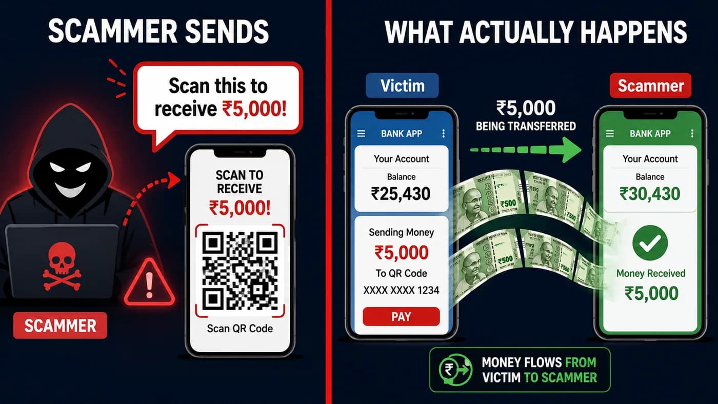 How the fake QR code scam works in India, scammer sends QR and victim pays instead of receiving