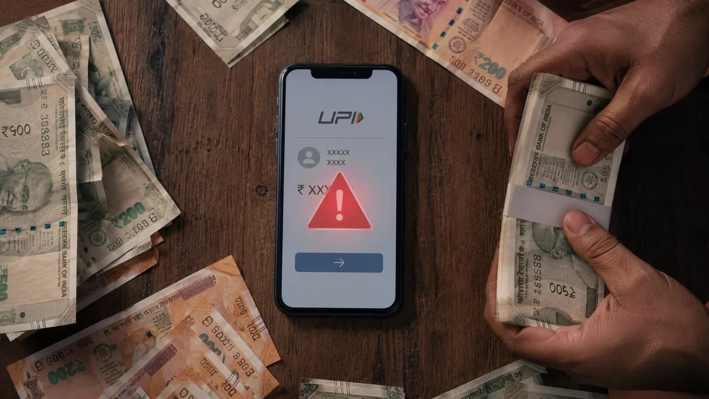 UPI scam warning India 2026, phone with fraud alert surrounded by cash