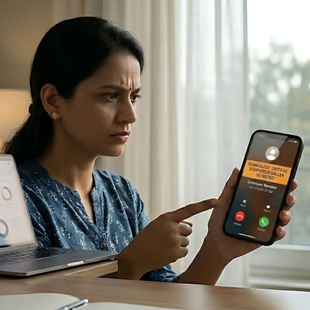 Indian woman looking suspiciously at an unknown scam call alert on her phone before checking it on RakshaAi