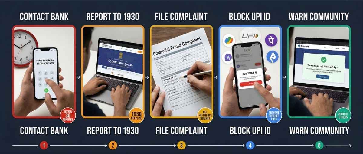 UPI scam recovery steps India - bank fraud reporting, cybercrime helpline 1930, UPI ID blocking process, financial fraud complaint filing, community scam reporting RakshaAI