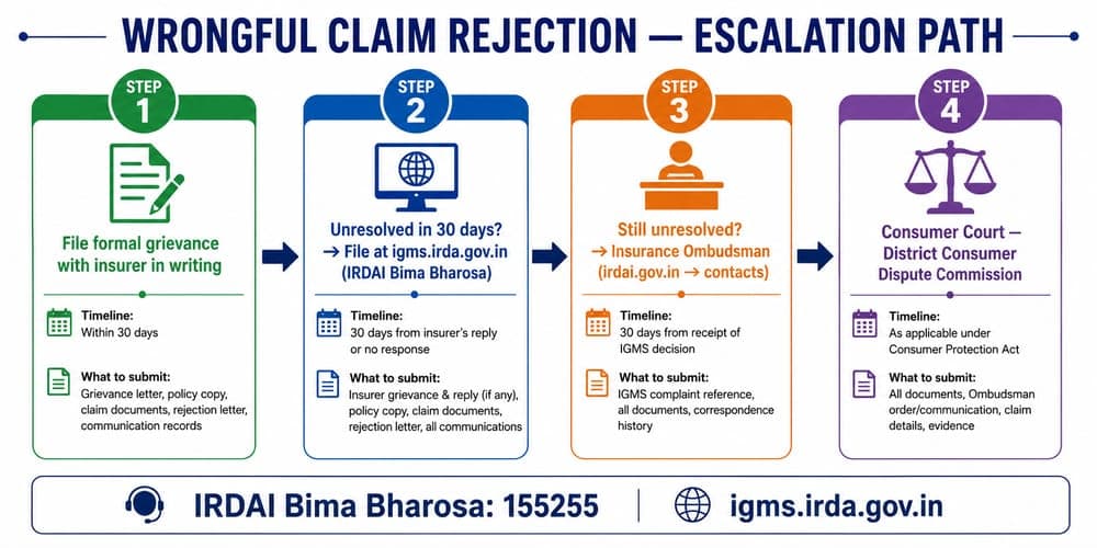 What to do if health insurance claim rejected India, IRDAI ombudsman escalation