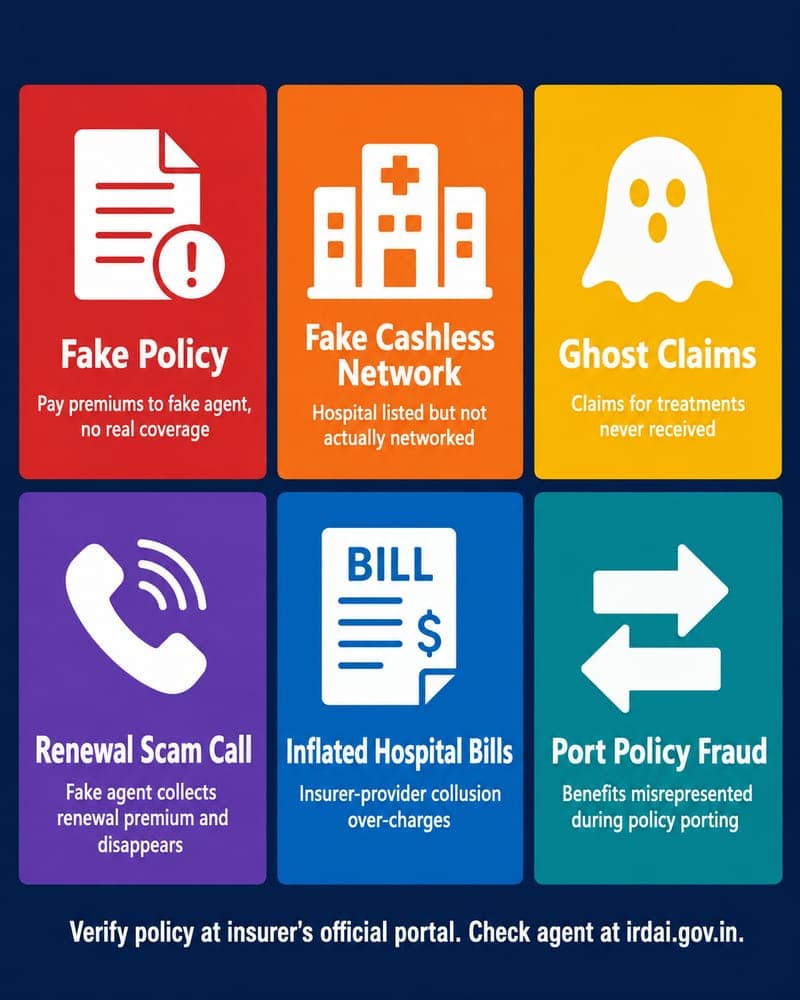 6 health insurance fraud types India 2026, fake policy cashless ghost renewal inflated port