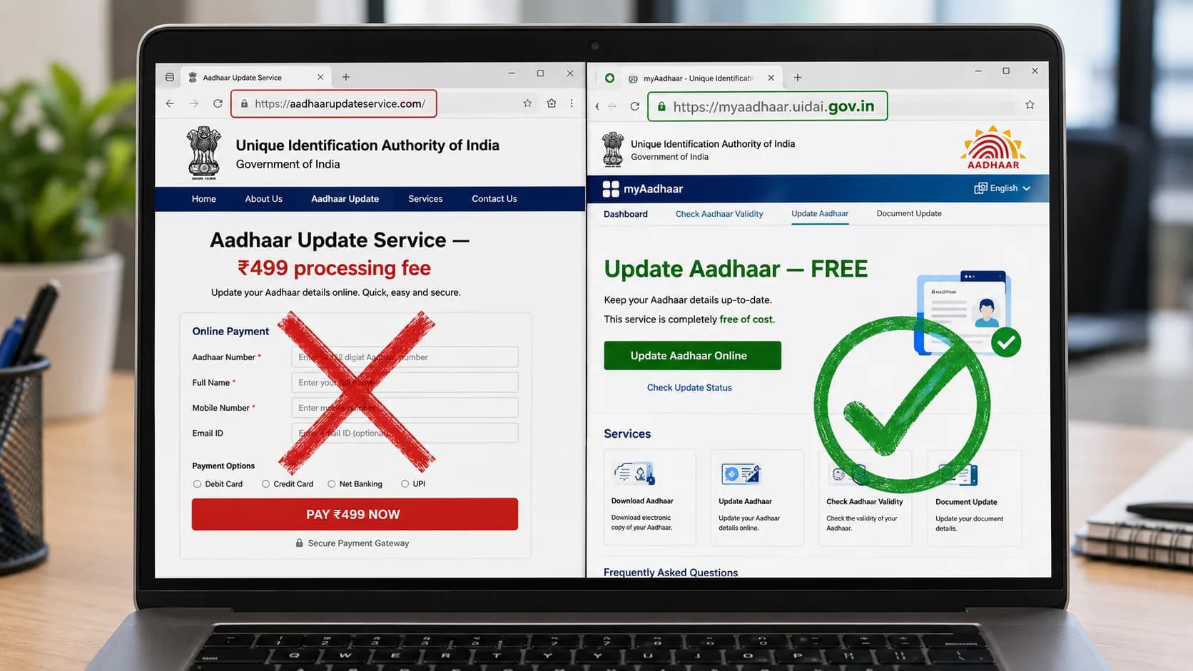 Fake government website India 2026 — fake Aadhaar Update Service portal charging ₹499 versus real UIDAI portal showing Update Aadhaar for Free