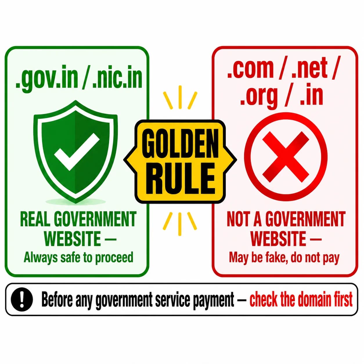 Government website domain rule India — .gov.in and .nic.in are real, .com and .org are not government sites