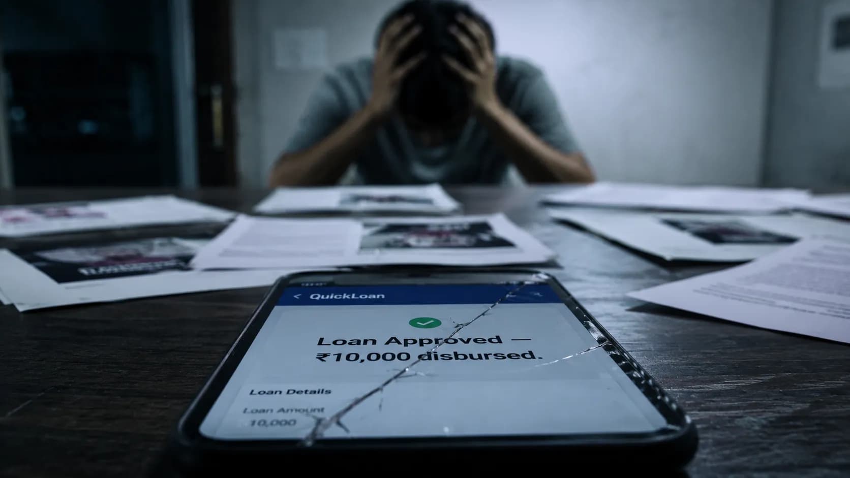 Fake loan app India 2026: cracked phone showing loan approved screen, distressed person in background