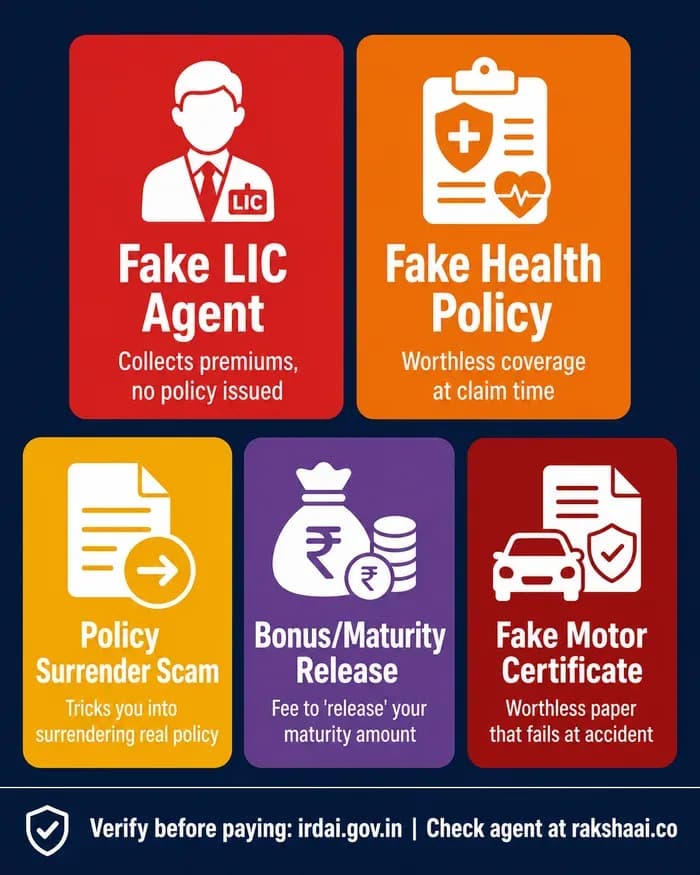 5 types of insurance scam India 2026, fake LIC agent health policy bonus