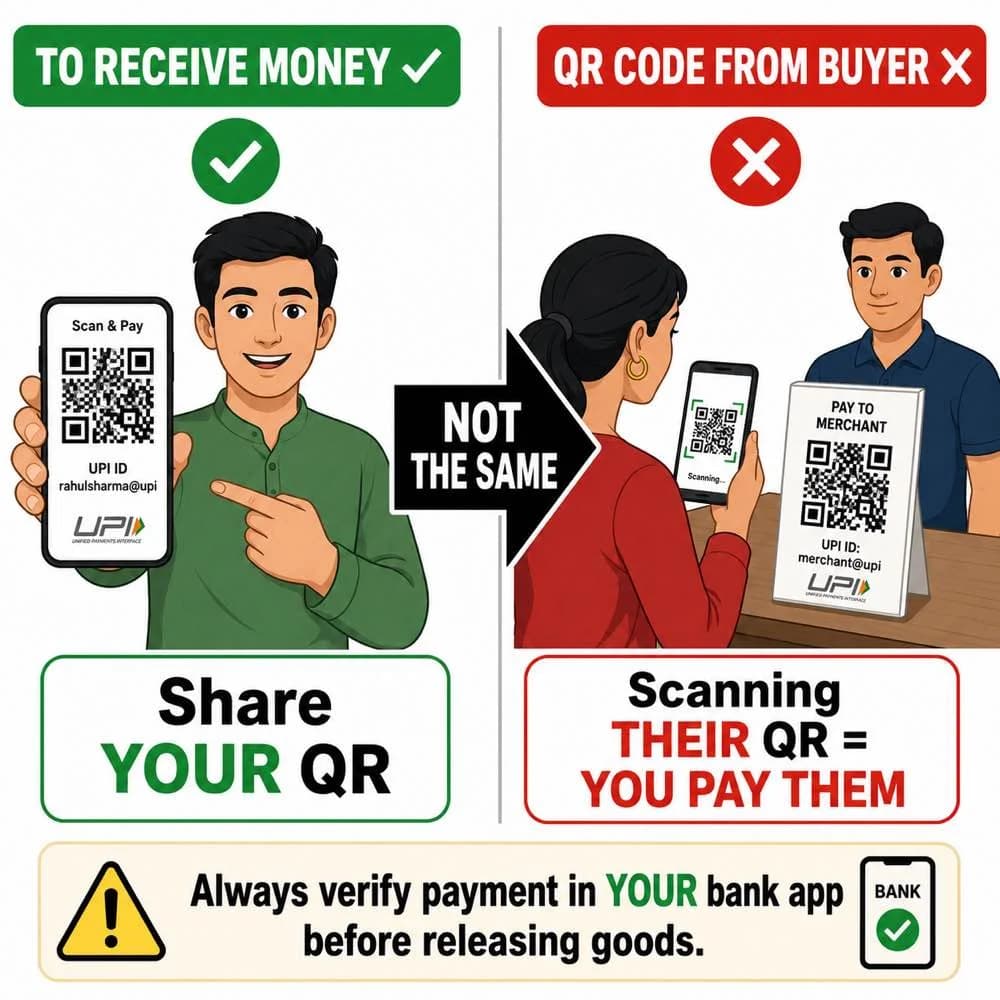 OLX QR code scam explained India scanning QR means paying not receiving