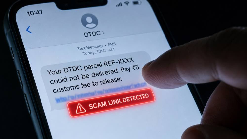 Fake delivery SMS scam India 2026 — parcel phishing trap courier fraud with SCAM LINK DETECTED overlay on smartphone