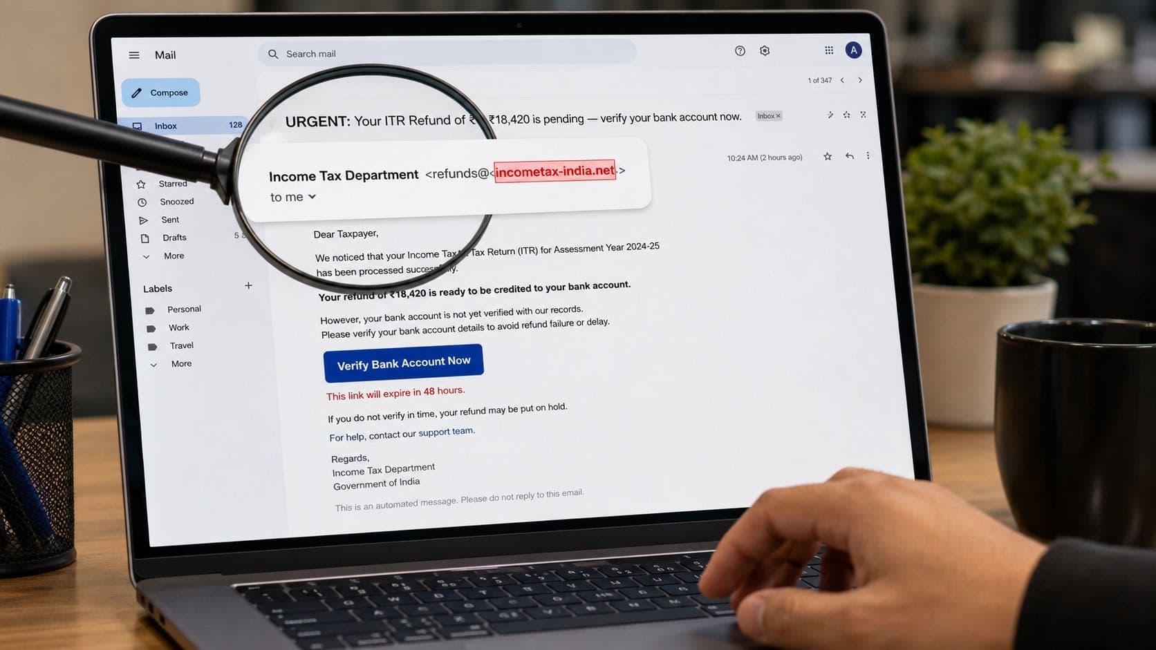 Phishing email India 2026, fake income tax bank email scam how to spot