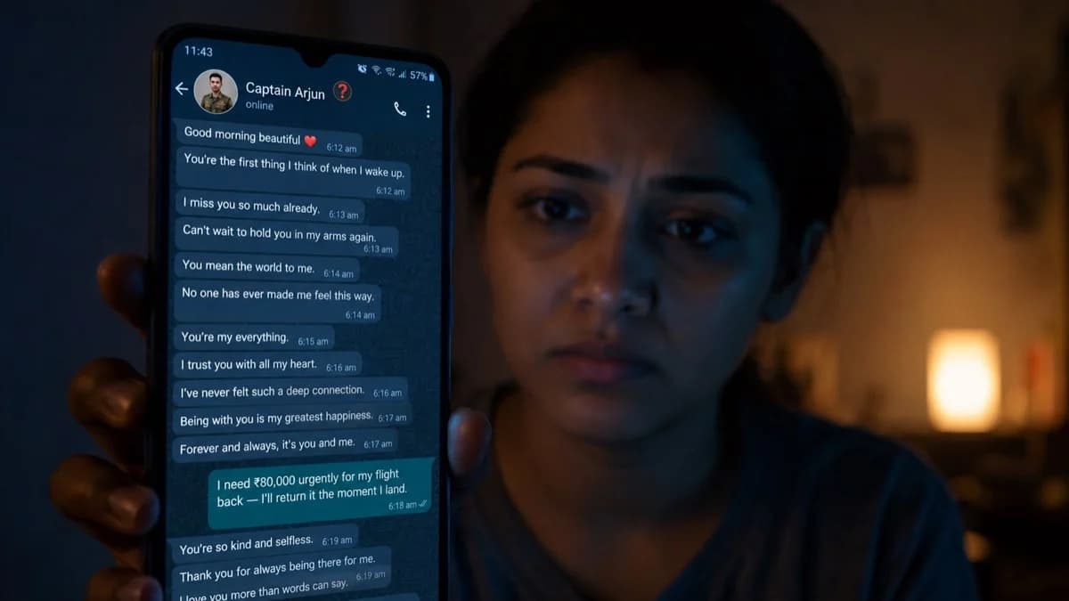 Romance scam India 2026, woman holding phone showing fake WhatsApp love messages with a military profile photo and an urgent money request