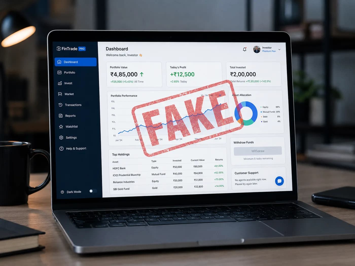 Fake FinTrade PRO investment dashboard showing inflated profits — marked FAKE