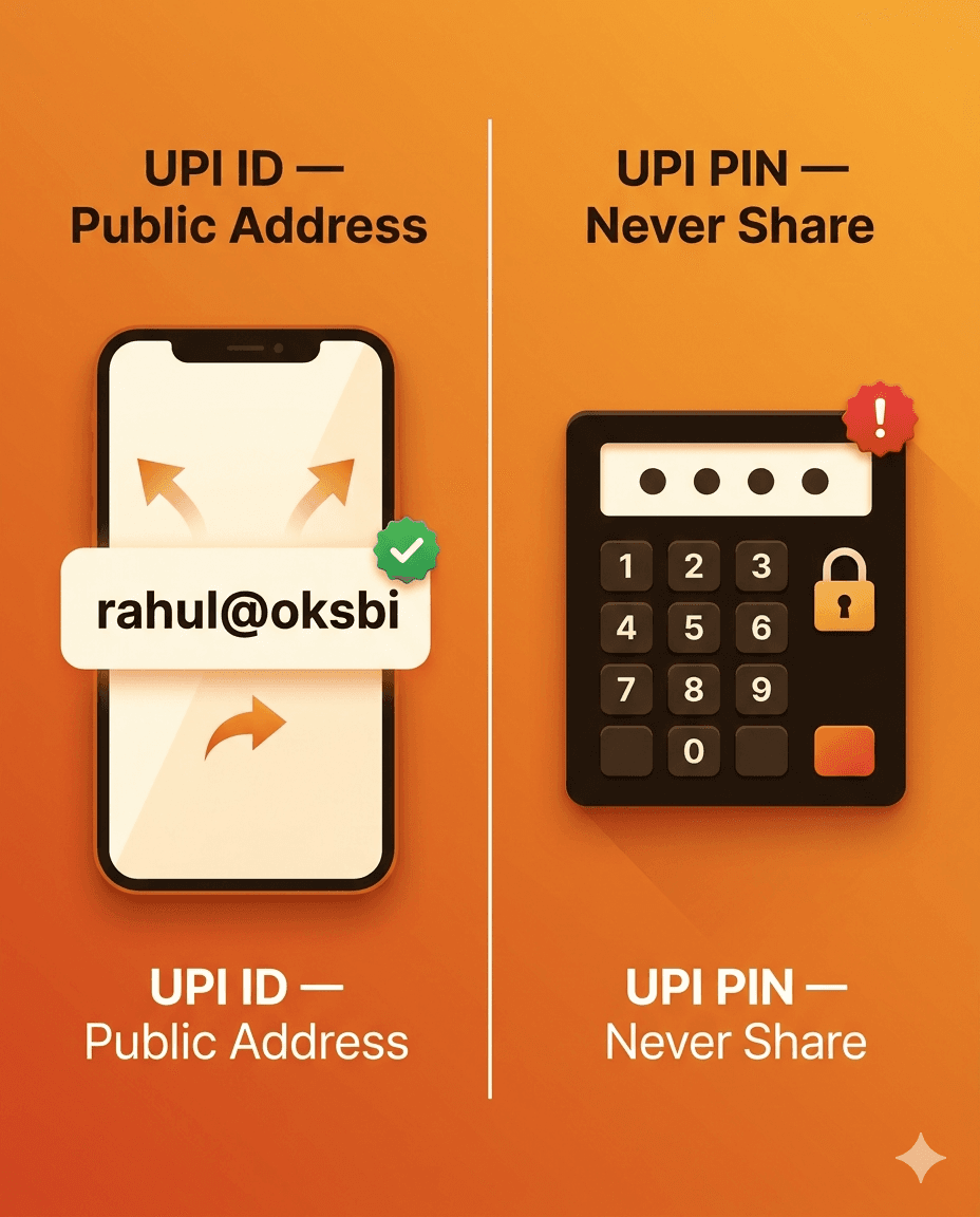 UPI ID is a public address while UPI PIN must never be shared or entered to receive money